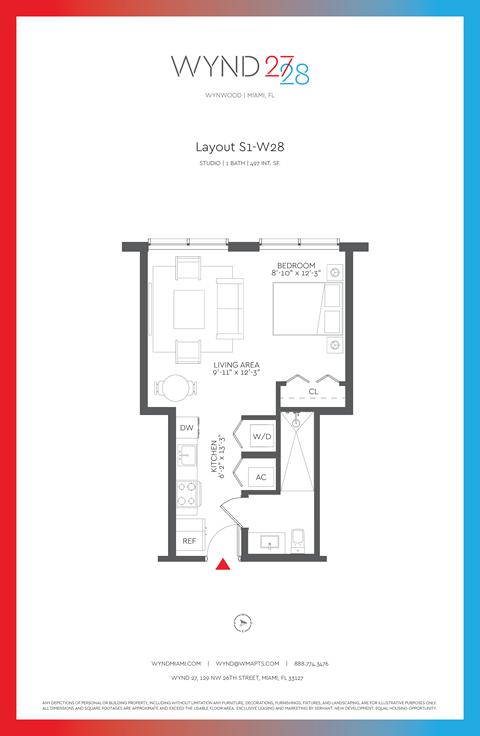 Floor plan for studio, 1 bath, 497 sqft